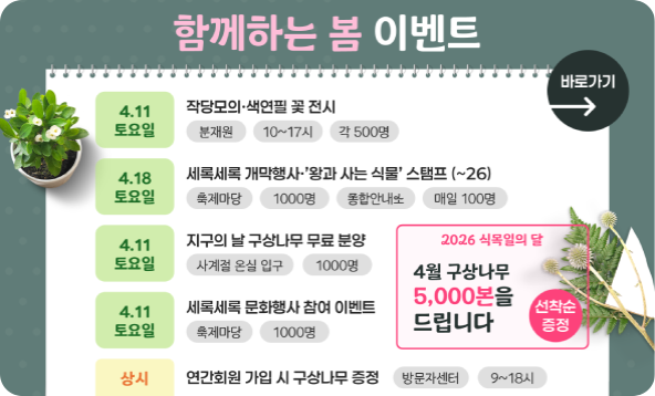함께하는 봄 이벤트. 2026 식목일의 달 4월 구상나무 5000본을 드립니다. (선착순 증정)